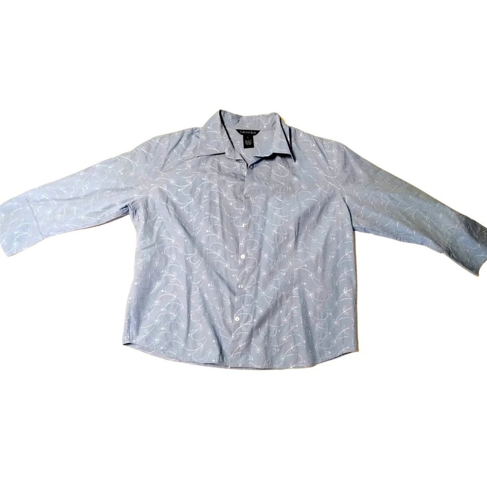 JACKIE BLUE Ladies Embroidered Floral Blue Button-up Blouse with 3/4 Sleeve XL